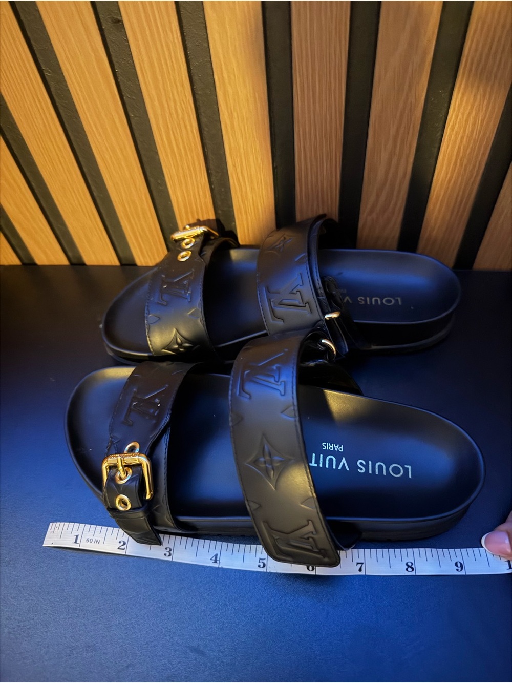 Louis Vuitton Black Embossed Monogram Double-Strap Slide Sandals - Picture 11 of 15